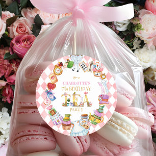 Rosa Alice im Wunderland 7. Geburtstag   Runder Aufkleber