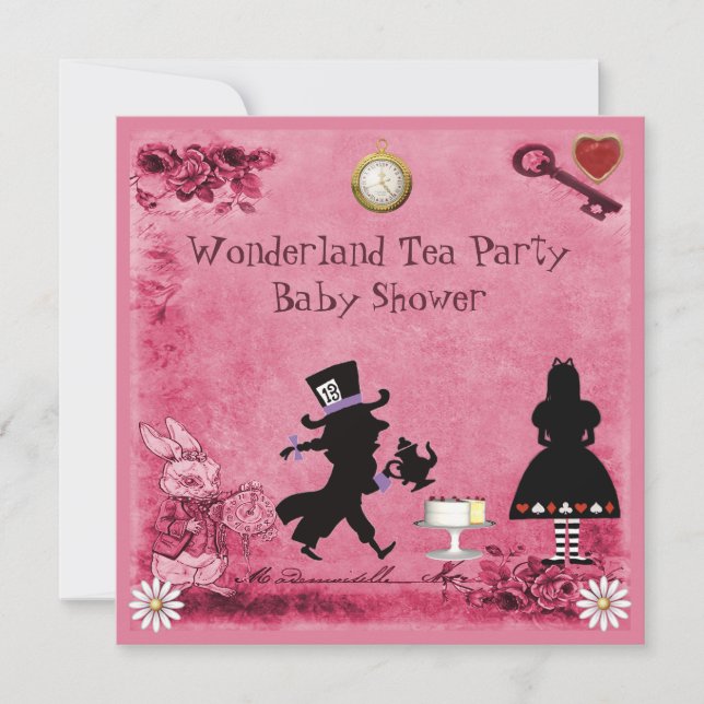 Rosa Alice im Wunderland Tea Party Babydusche Einladung (Vorderseite)