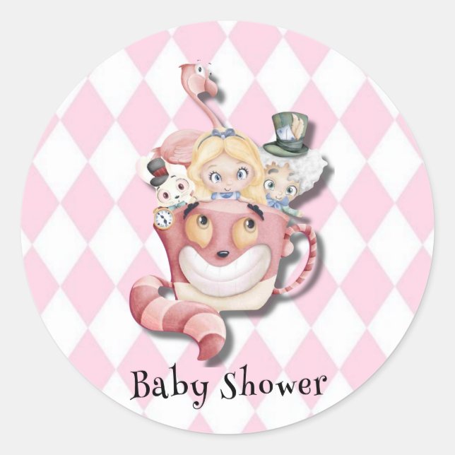 Rosa Alice im Wunderland und Friends Babydusche Runder Aufkleber (Vorderseite)