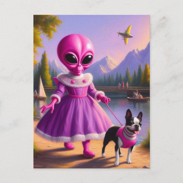Rosa Alien bei einem Spaziergang durch ihre Boston Postkarte (Vorderseite)
