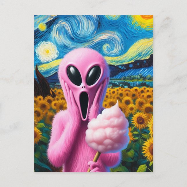 Rosa Alien mit Cotton Candy Sunflowers Postkarte (Vorderseite)