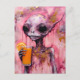 Rosa Alien mit einem Orangensaft Postkarte