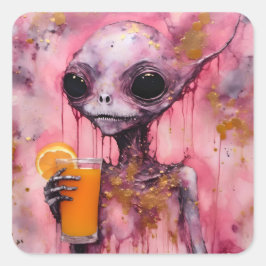 Rosa Alien mit einem Orangensaft Quadratischer Aufkleber