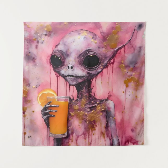 Rosa Alien mit einem Orangensaft Wandteppich (Vorderseite)