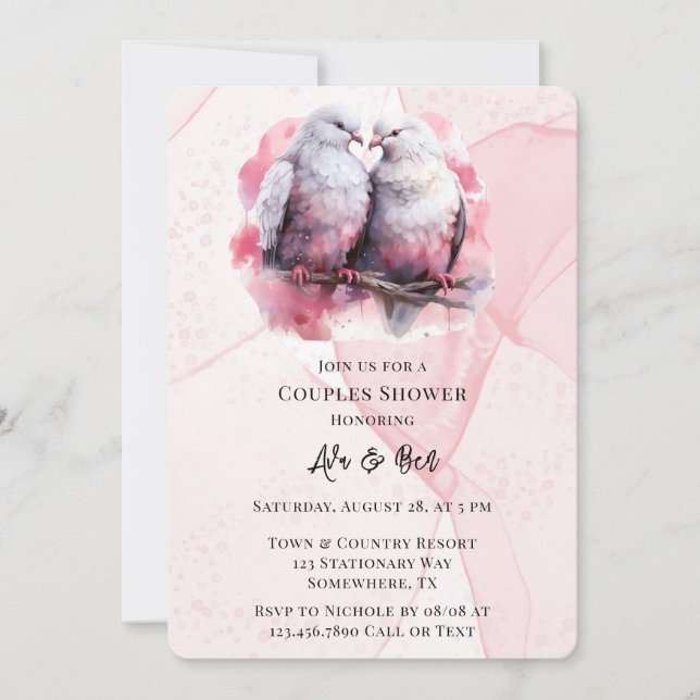 Rosa Alkohol Tinte Zwei Liebesvögel Dusche Einladung (Vorderseite)
