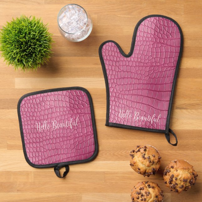 Rosa Alligator-Tierdruck Ofenhandschuh & Topflappen-Set (Oben Unten)