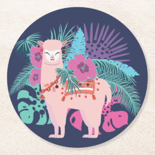 Rosa Alpaka, tropische Lama-Blätter und Blume Runder Pappuntersetzer