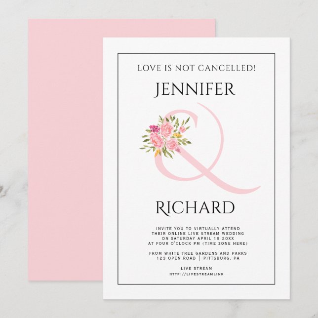 Rosa Ampersand, virtuelle Hochzeit in Rosa Einladung (Vorne/Hinten)
