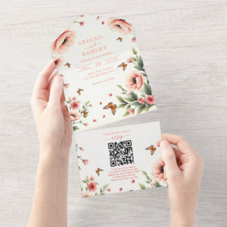Rosa Anemone, Schmetterlinge Blumenrand Hochzeit All In One Einladung