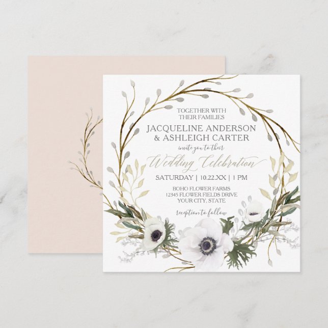 Rosa Anemone Twig Fern Eukalyptus Wreath Einladung (Vorne/Hinten)