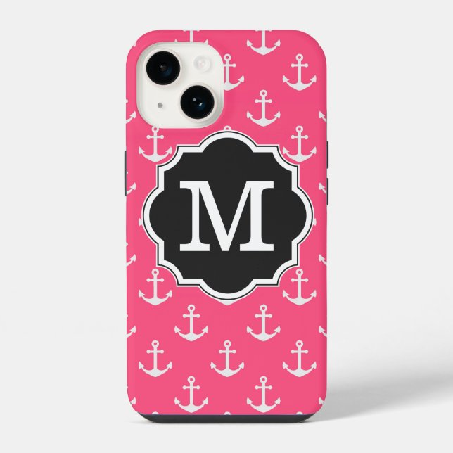 Rosa Anker Muster Monogramm iPhone 14 Hülle (Rückseite)
