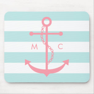 Rosa Anker und Monogramm auf tadellosen Streifen Mousepad