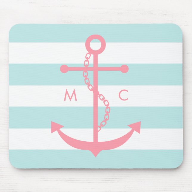 Rosa Anker und Monogramm auf tadellosen Streifen Mousepad (Vorne)