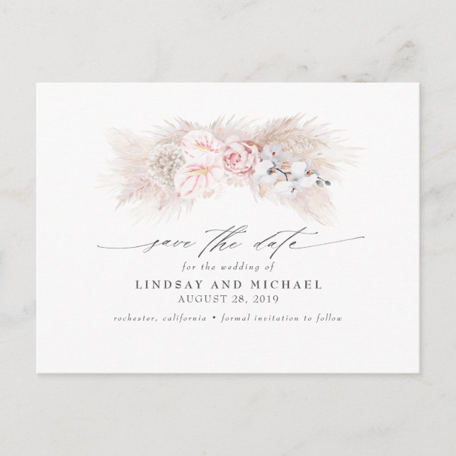 Rosa Anthurien und Pampas Gras Save the Date Postkarte (Vorderseite)