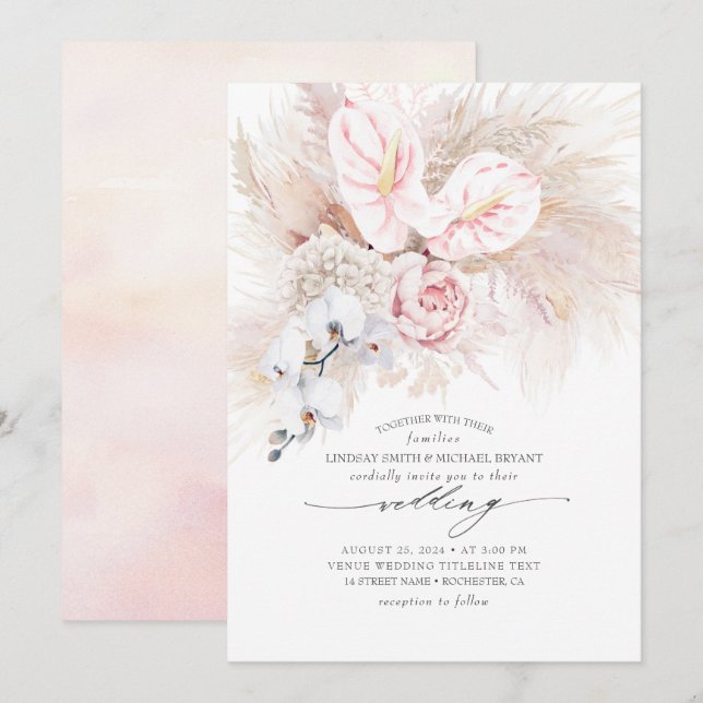Rosa Anthurium Orchideen und Pampas Grass Wedding Einladung (Vorne/Hinten)