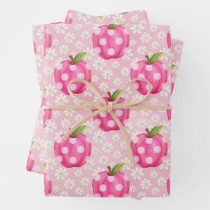 Rosa Apfel mit Punkten und Gänseblümchen Nahtloses Geschenkpapier Set
