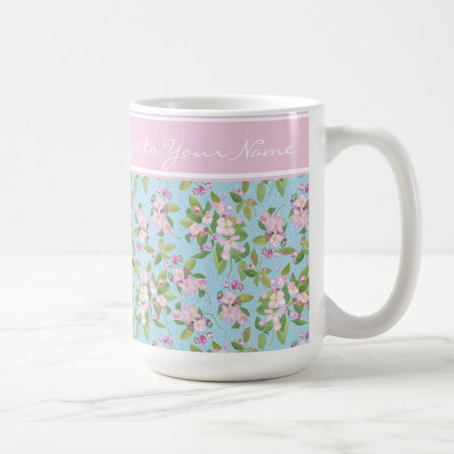 Rosa Apple Blossom auf Sky Blue, rosa Band für den Kaffeetasse (Rechts)
