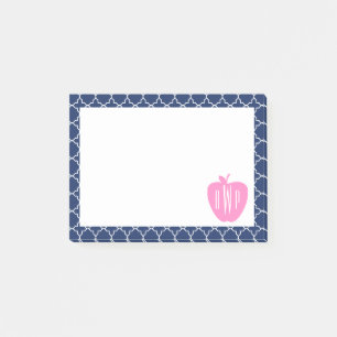 Rosa Apple-Marine Quatrefoil Monogramm-Lehrer Post-it Klebezettel