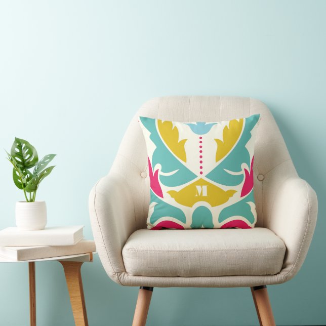 Rosa Aqua Gelb Modernes Damask Kissen (Stuhl )