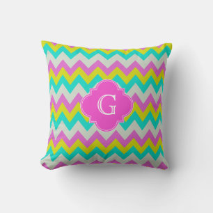 Rosa Aqua Gelb Weiß Chevron Vierblatt Monogramm Kissen