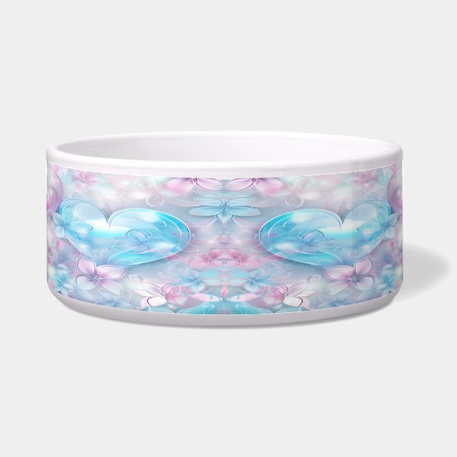 Rosa Aqua Herz und Blume Keramik Pet Bowl Napf (Vorderseite)