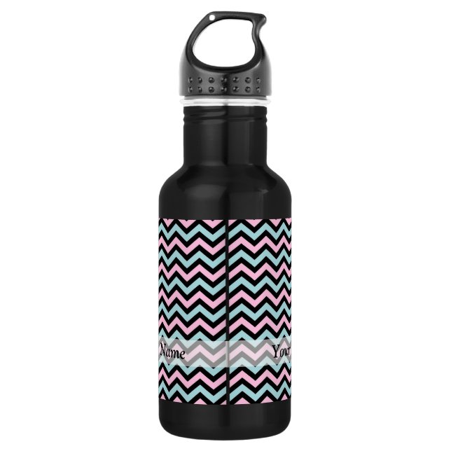 Rosa Aqua und schwarz Zickzack Edelstahlflasche (Vorderseite)