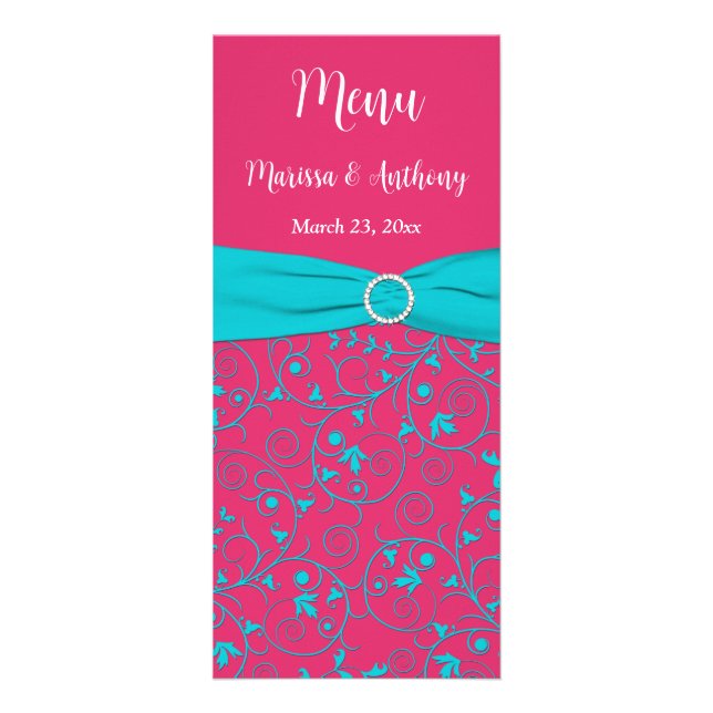 Rosa, Aqua-Wirbel - Menü-Karte für Hochzeiten und  Werbekarte (Vorne)