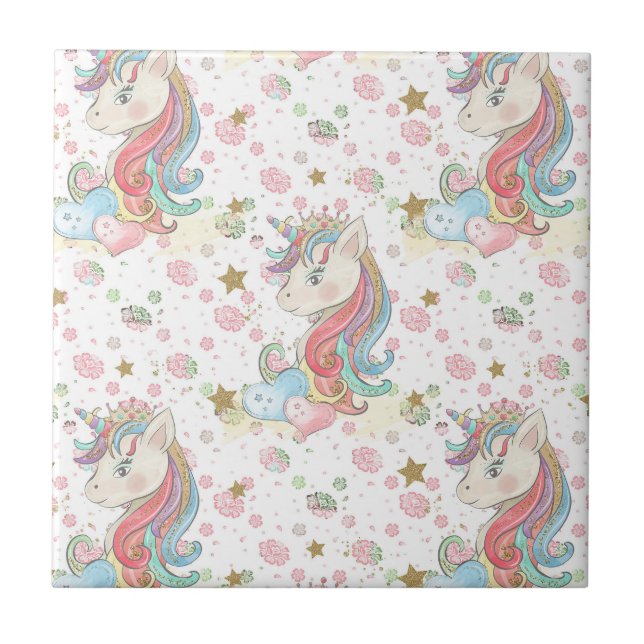 Rosa Aquamarin Gelb Einhorn farbig Fliese (Vorderseite)