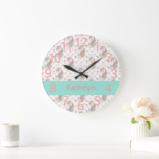 Rosa Aquamarin Gelb Einhorn farbig Große Wanduhr (Zuhause)