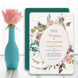 Rosa Aquamarine Blumen- und Goldrahmen-Hochzeit Einladung