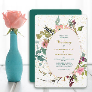 Rosa Aquamarine Blumen- und Goldrahmen-Hochzeit Einladung