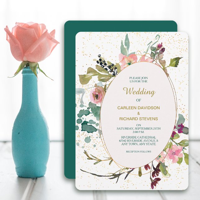 Rosa Aquamarine Blumen- und Goldrahmen-Hochzeit Einladung (Von Creator hochgeladen)