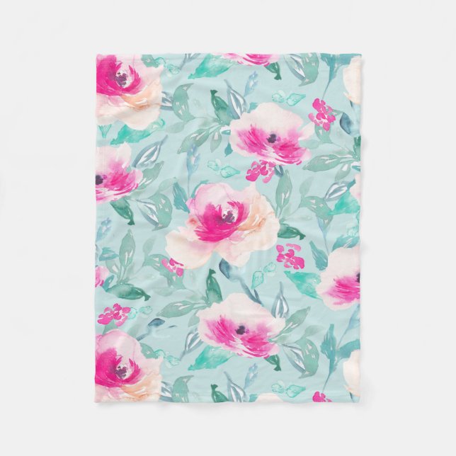 Rosa aquamarine Blumenwatercolor-Sommer-Decke Fleecedecke (Vorderseite)