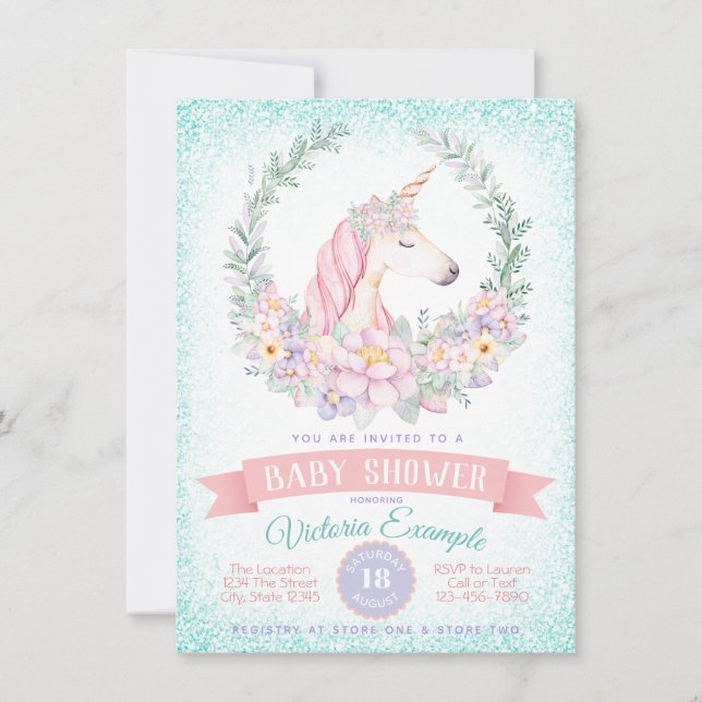 Rosa Aquamarine Einhorn Kinderdusche Einladungen (Vorderseite)