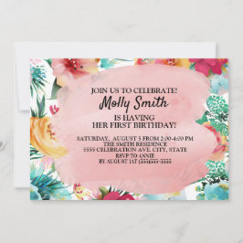 Rosa Aquamarine Gelbe Blumen Girl Einladung