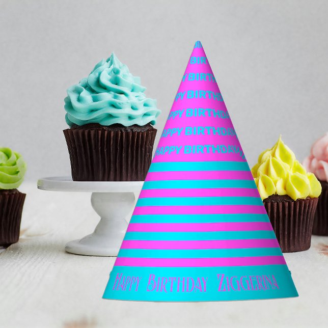Rosa, Aquamarine Streifen Geburtstagsfeiererhut Partyhütchen (Von Creator hochgeladen)