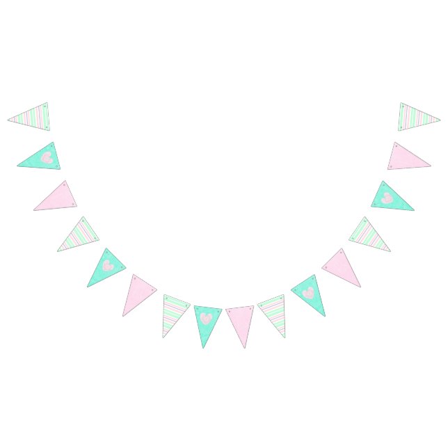 Rosa, aquamarine und gestreifte Herz-Flaggen-Fahne Wimpelkette (Alle)