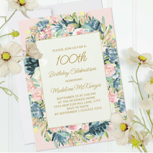 Rosa Aquamarine Vintage Flora Botanischer 100. Geb Einladung