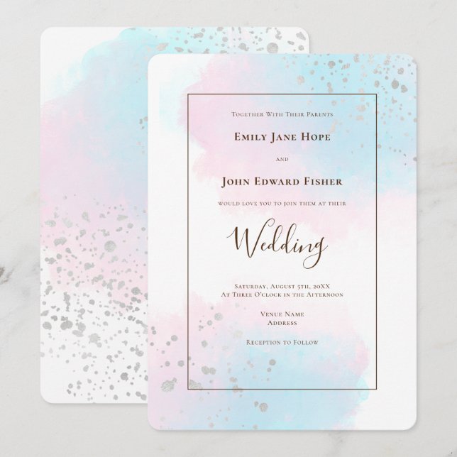 Rosa Aquamarine Wasserfarbe Silver Confetti Hochze Einladung (Vorne/Hinten)