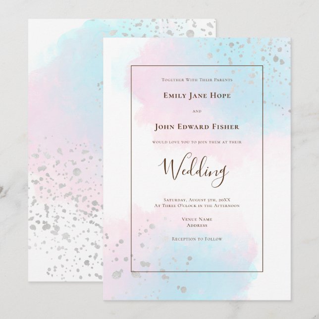 Rosa Aquamarine Wasserfarben Silver Confetti Weddi Einladung (Vorne/Hinten)