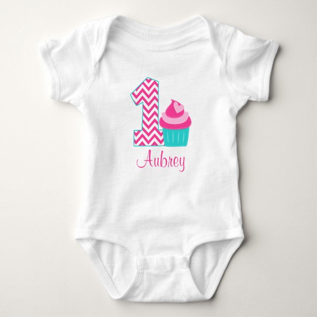 Rosa Aquamariner Cupcake 1. Geburtstag Personalisi Baby Strampler (Vorderseite)