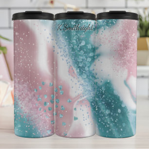 Rosa Aquamariner Glitzer Abstrakt Swirl Thermosbecher