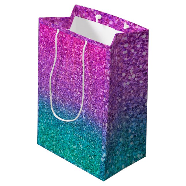 Rosa Aquamarines Aqua Blue & Lila Funkelnd Glitzer Mittlere Geschenktüte (Rückseite Schrägansicht)