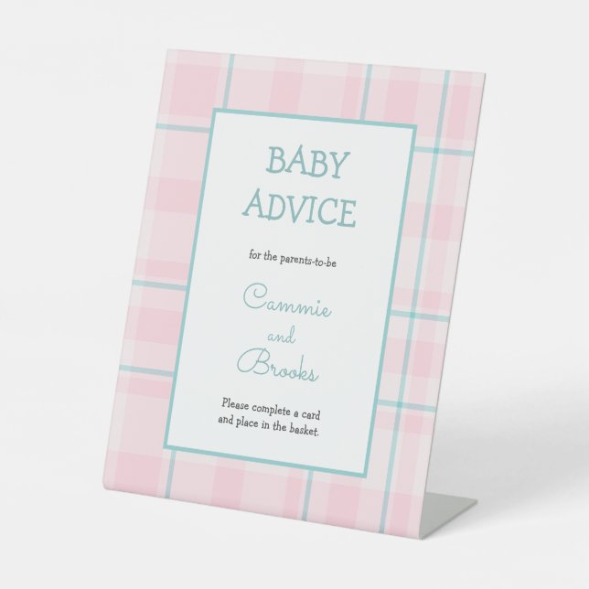 Rosa Aquamarines kariertes Babyratenzeichen Sockelschild (Vorderseite)