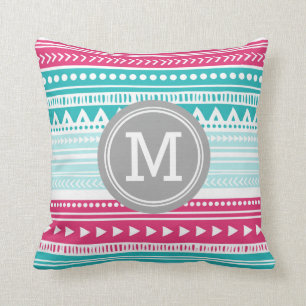 Rosa aquamarines Stammes- Monogramm-dekoratives Kissen