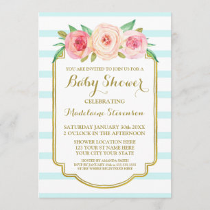 Rosa Aquarell Bläserblau Streifen Babydusche Einladung