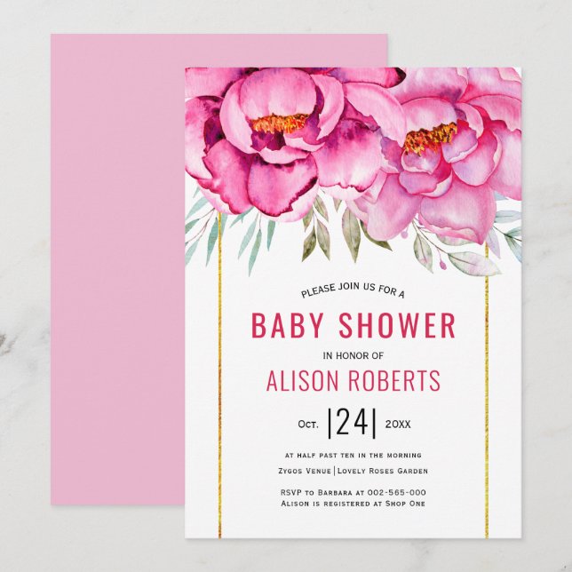 Rosa Aquarell Blume Blumenmädchen Babydusche Einladung (Vorne/Hinten)
