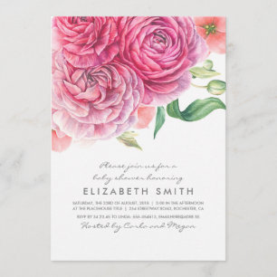 Rosa Aquarell Blume Botanische Babydusche Einladung
