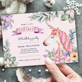 Rosa Aquarell Blume Einhorn Girl Birthday Einladung