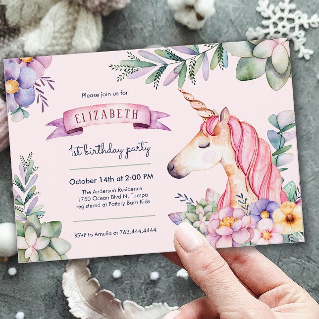 Rosa Aquarell Blume Einhorn Girl Birthday Einladung (Pink Watercolor Flower Unicorn Girl Birthday Invitation)